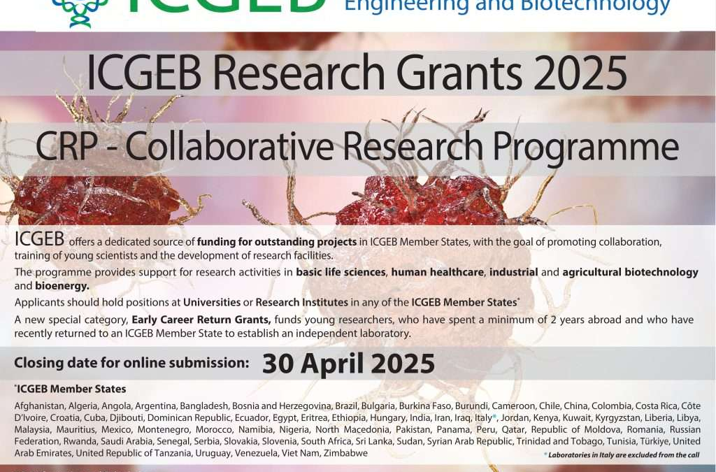 PEMBUKAAN GERAN BAGI ICGEB RESEARCH GRANTS 2025 – COLLABORATIVE RESEARCH PROGRAMME (CRP) DAN CRP-ICGEB EARLY CAREER RETURN